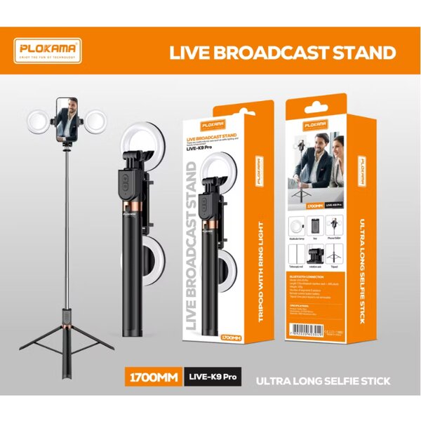 Plokama K9 LED Pro Bluetooth Tripod Stick - 3 in 1 Selfie