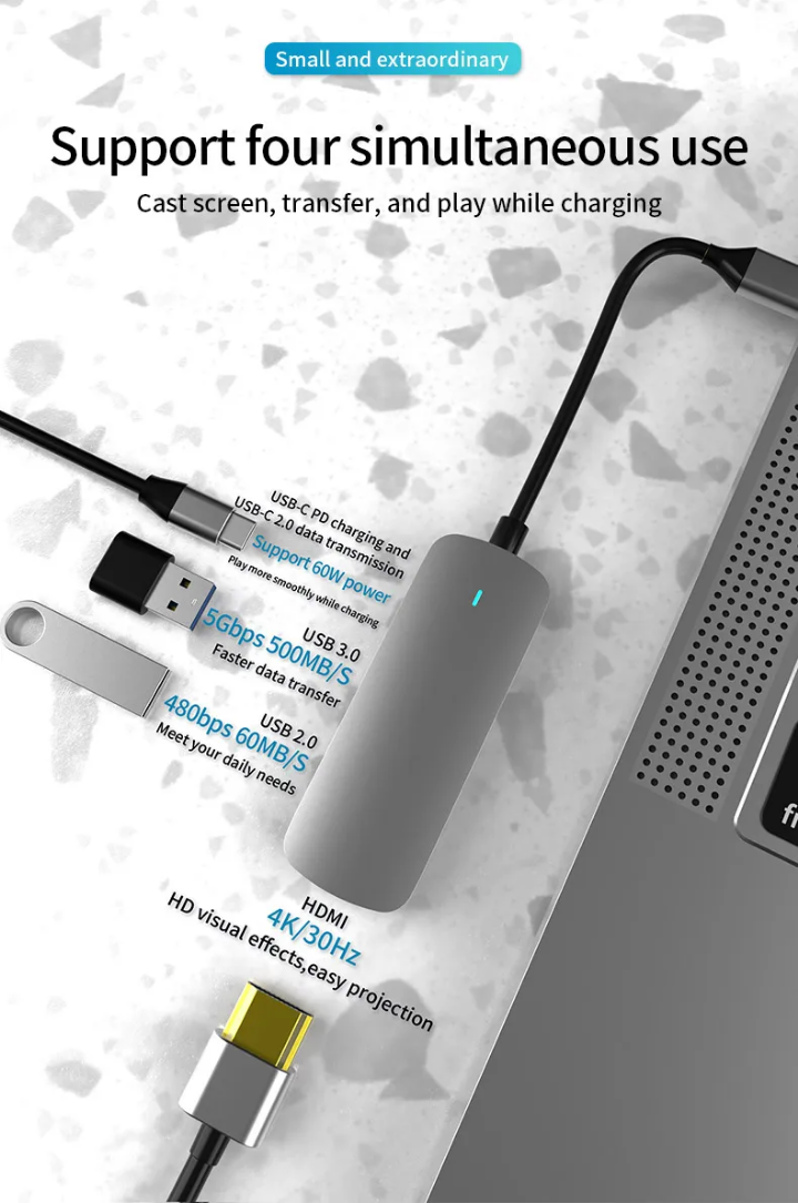 Hub USB-C 4 en 1 - Adaptateur USB 3.0 et HDMI