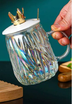 Frozen Ice Texture Iridescent Heat Resistant Glass Tea Cup with Plastic Crown Lid and Tropical Metal Spoon