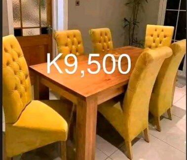 Set of brown table, 6 chairs with high soft back, yellow