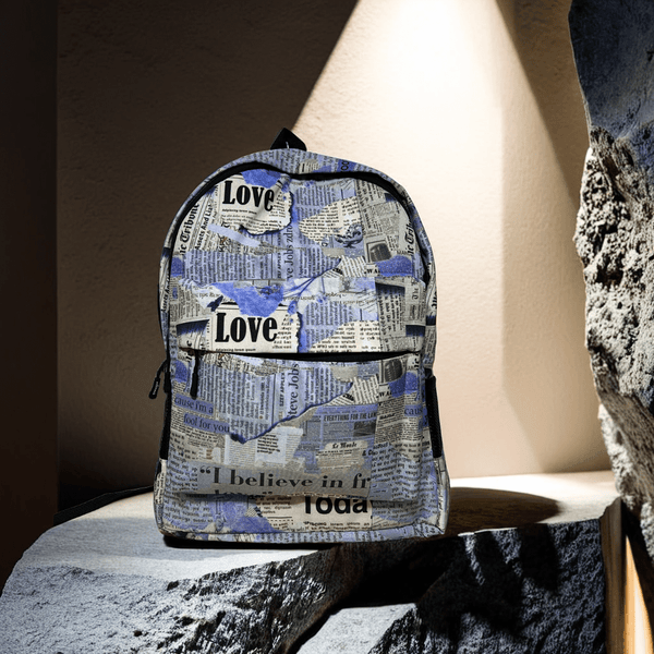 DB089 Blue Newspaper Allover Printed Backpack