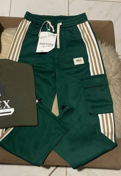 green trousers with stripes