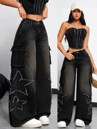 Jeans cargo larges femme noir étoilé