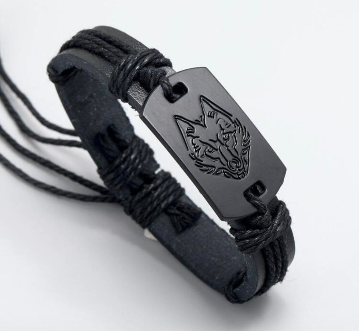 Bracelet cuir loup noir homme