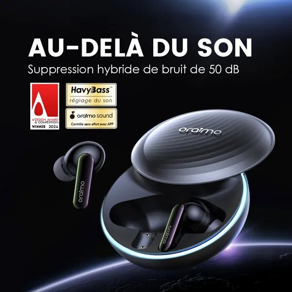 oraimo SpaceBuds Ecouteurs à réduction de bruit ANC 50dB ave
