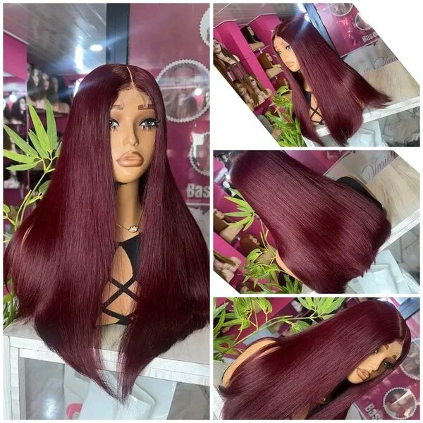 Perruque longue bordeaux lisse