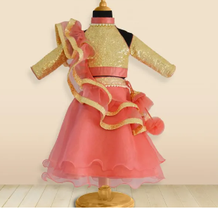 Golden Lehngy For Girl ( Fabric Tissue Sequin And Chamki)