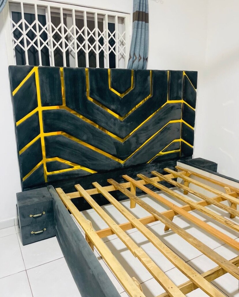 Queen size bed frame with two side cabinets  and storage out