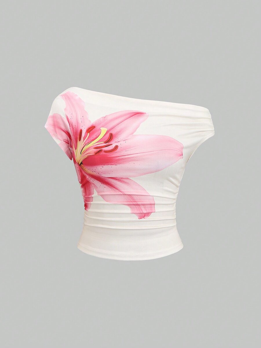 Top asymétrique à fleurs