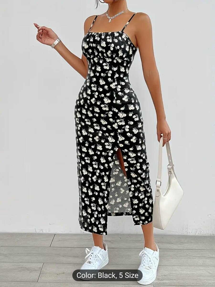 Elegant Floral Print Midi Dress with Split Thigh Detail