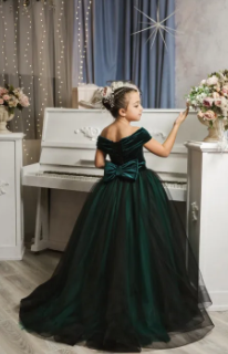 Green/Black Velvet Flower Girl Dress - Birthday Wedding Party Bridesmaid, Black Velvet Flower Girl Dress ( Fabric Velvet And Net) ( Size 03 Month To 16 Yrs)