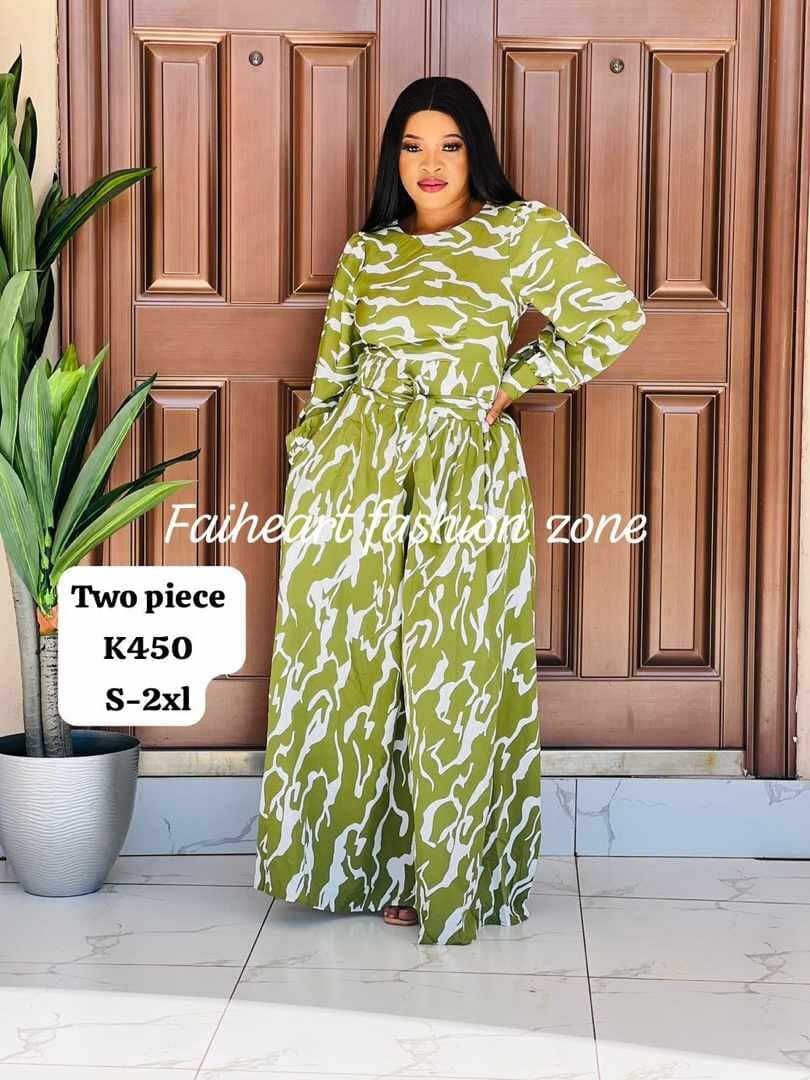 Women's set with green print, Long Sleeve Top and Long Skirt