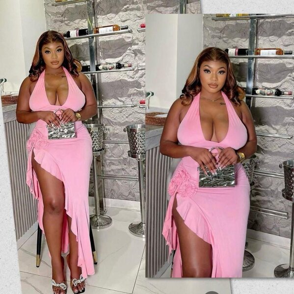 Robe soirée rose fendue