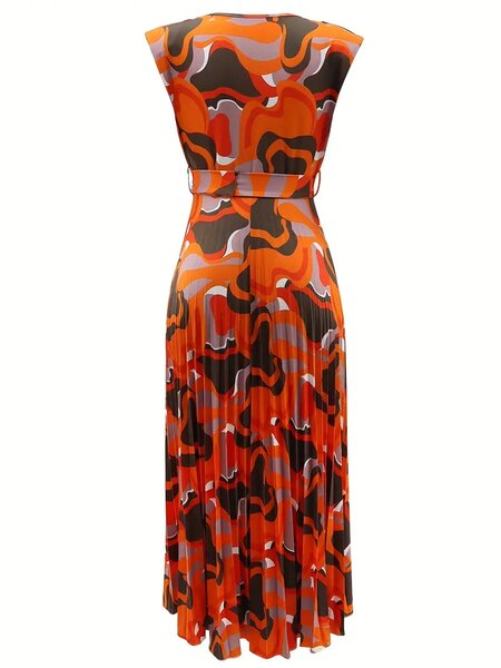 Robe plissée à taille haute pour femme, avec col en V, impri
