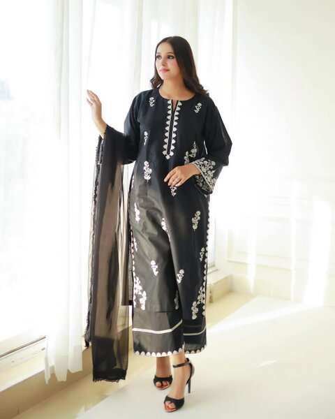 Woman's Stitched 2 Pcs Linen Embroidered Long Length  Shirt