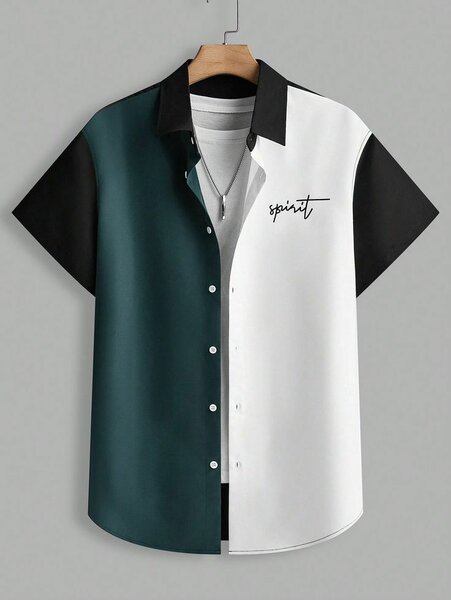 Loose Men Letter Graphic colorblock shirt