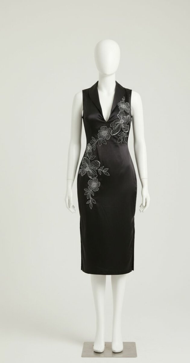 Robe noire satinée florale