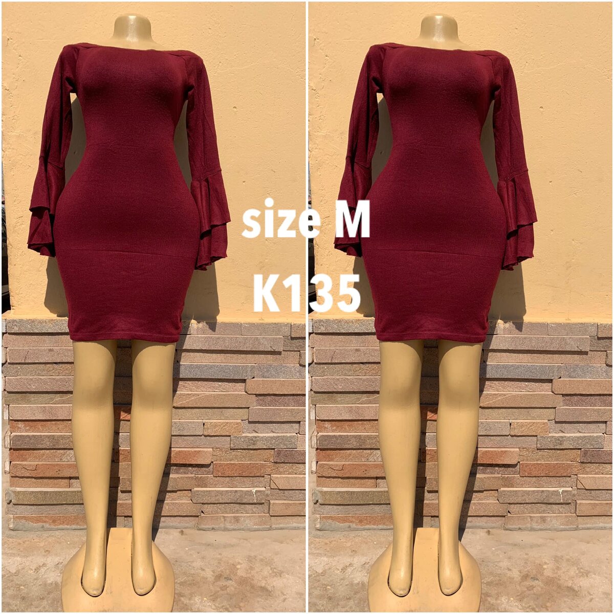 Burgundy tight-fitting dress, extended sleeves, size M