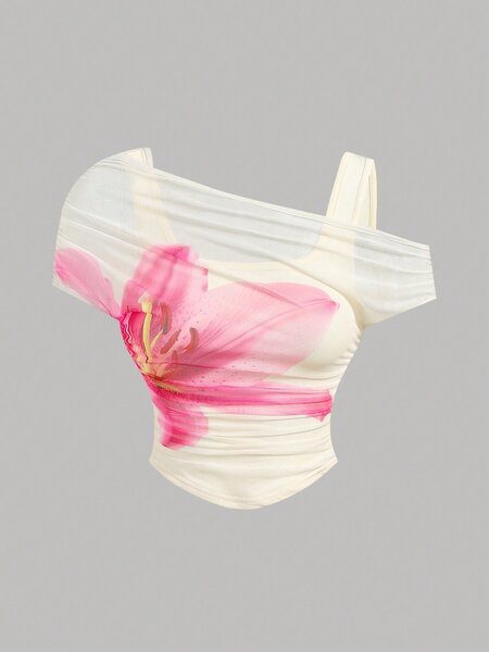 Top asymétrique à fleurs