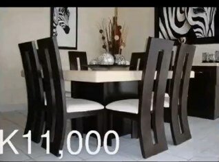 Set of brown table, 6 chairs with high soft backs