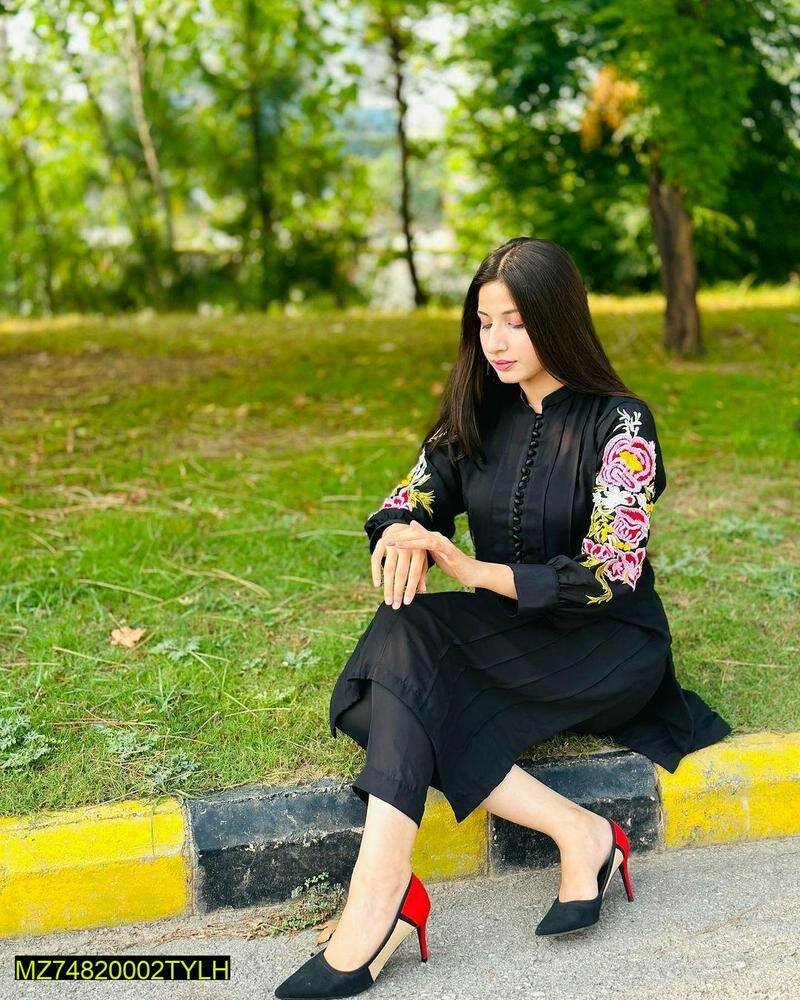 2 pcs women stiched linen embroided shirt and trouser