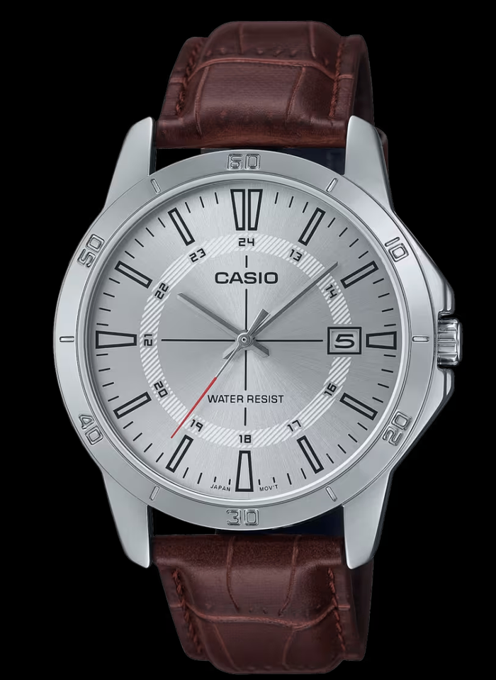 MTP-V004L-7CUDF Casio Silver Dial Brown Leather Strap Analog