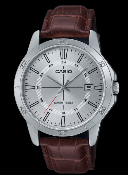 MTP-V004L-7CUDF Casio Silver Dial Brown Leather Strap Analog