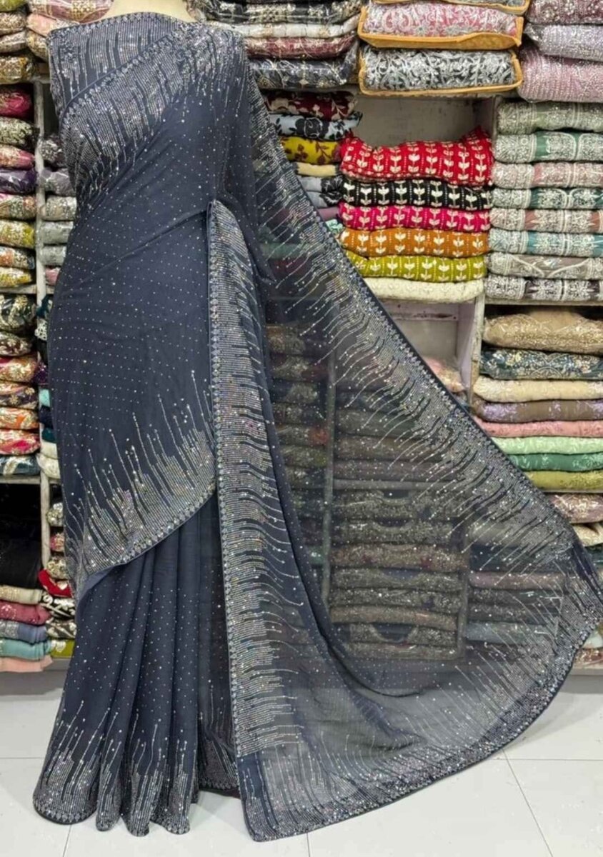 Beautiful Stitched  Net Saari Full pearls Work