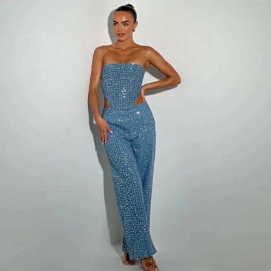 Luxury sequins denim pant set