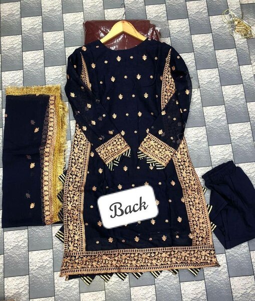 3Pcs woman's Stitched crinkle Chiffon embroidered suit