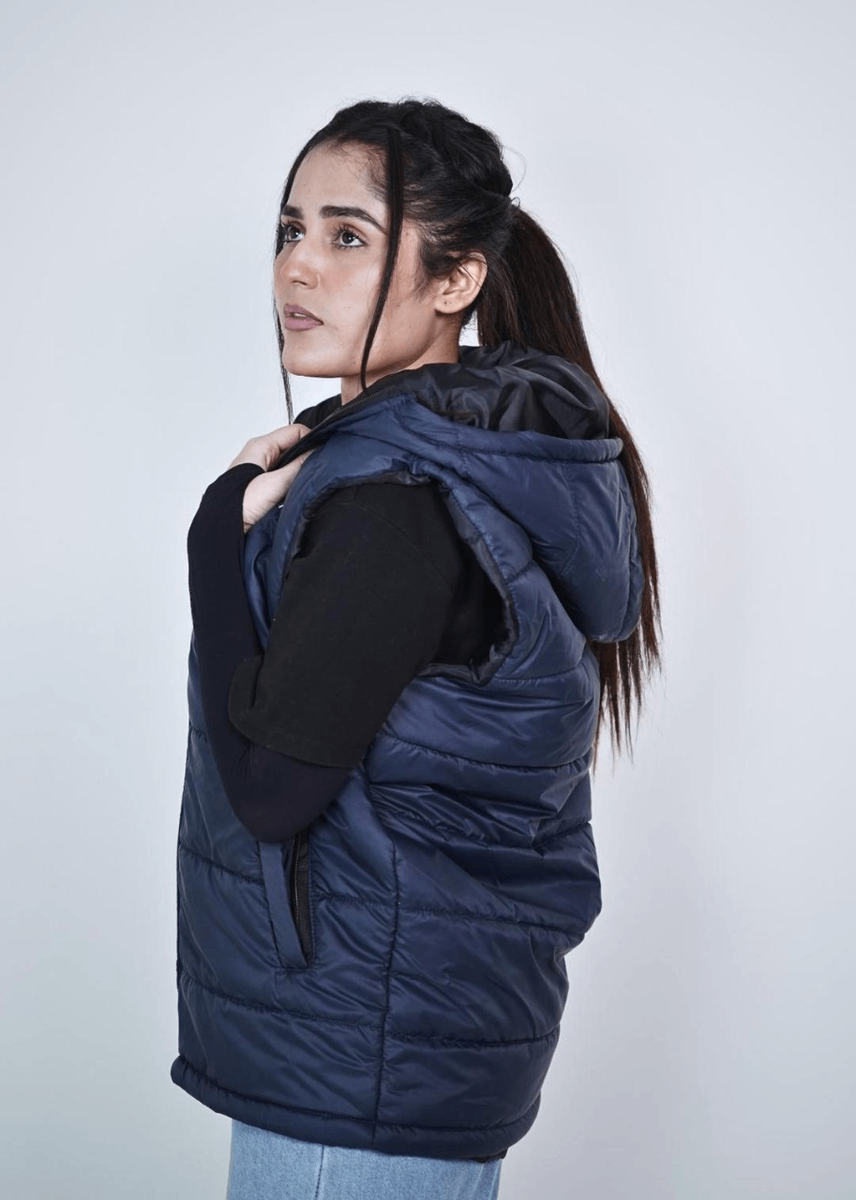Stylish blue hooded neck sleeveless