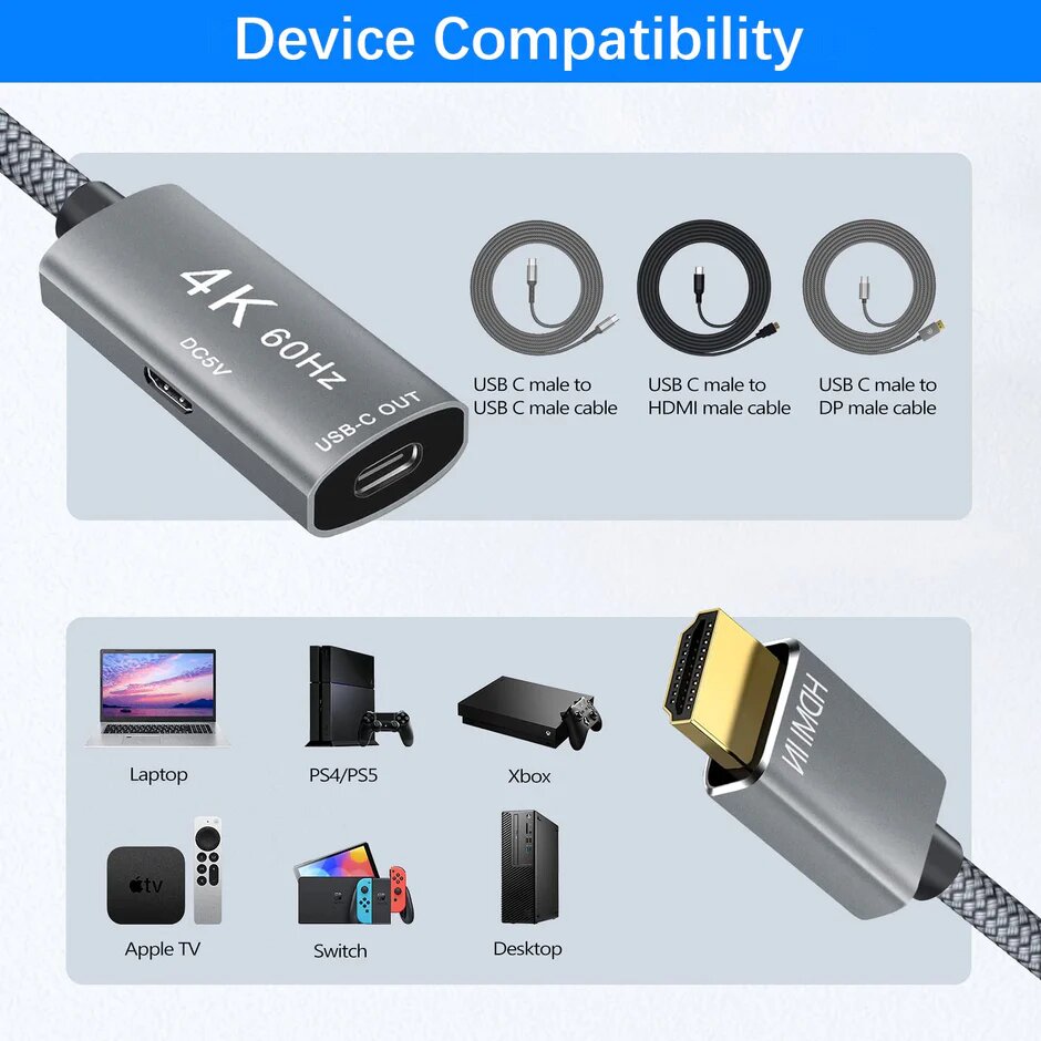 HDMI mâle vers USB-C femelle avec câble Type-C,convertisseur