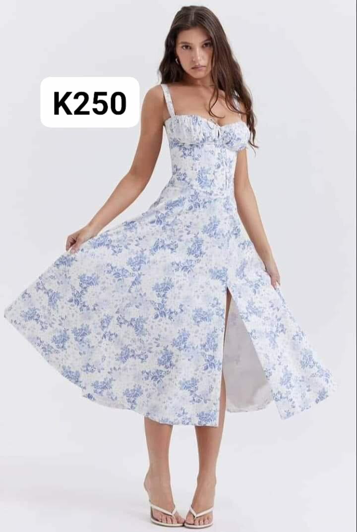 Elegant floral dress white+blue