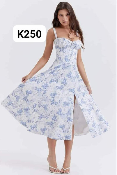 Elegant floral dress white+blue