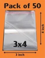 Bundle of 50 (3 x 4 Inch) Clear Resealable Cellophane/BOPP/Poly Transparent Plastic Bags For Storage Self Adhesive Polythene Peel + Seal Bags For Packing