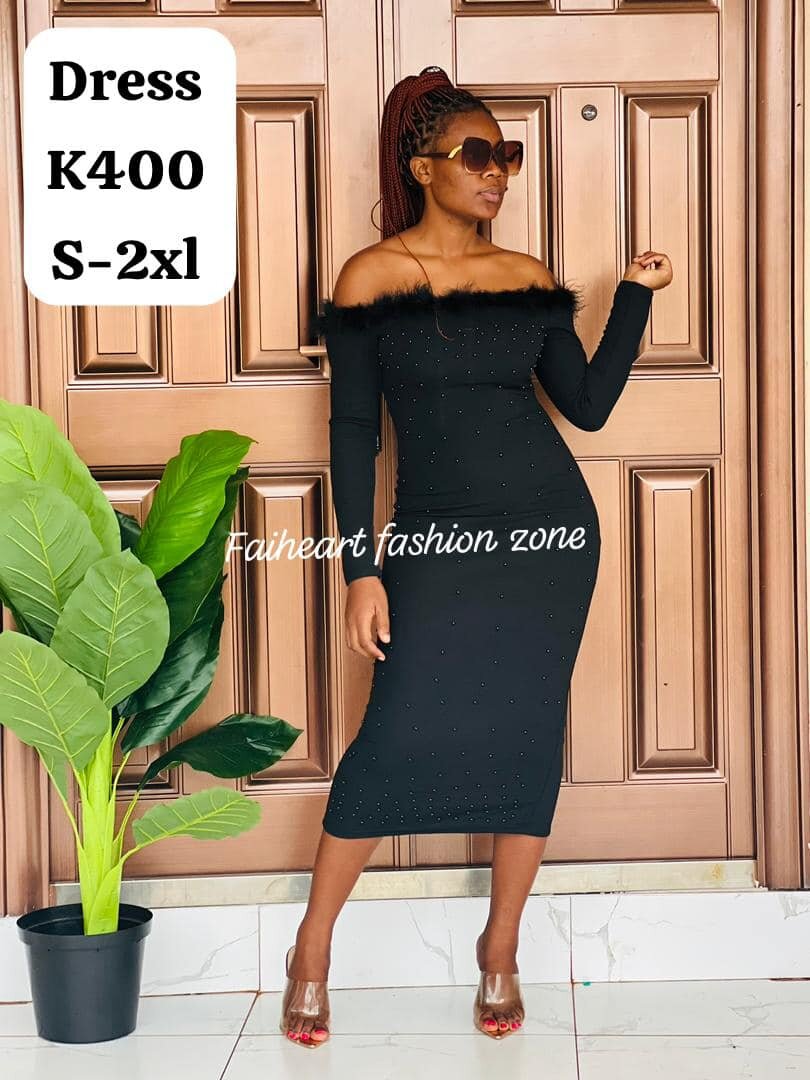 Women's Black Tight Dress with Beads and Open Shoulders  S-2xl