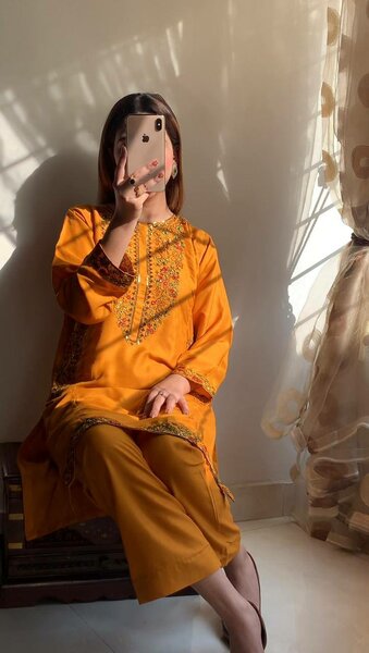 Mustard pocket  Embroided Dress