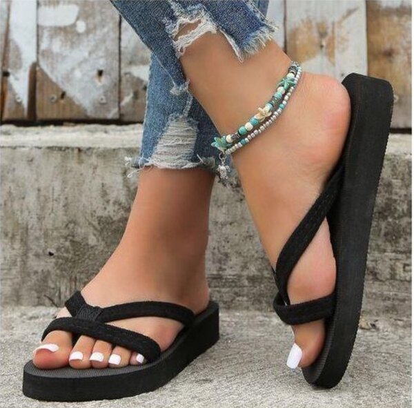 Ladies Chic Cross Wedge Slippers Black