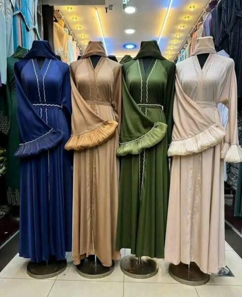 Abaya femme luxe en soie verte bleu beige