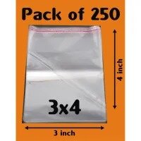 Bundle of 250 (3 x 4 Inch) Clear Resealable Cellophane/BOPP/Poly Transparent Plastic Bags For Storage Self Adhesive Polythene Peel + Seal Bags For Packing