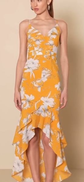 Lulu’s Mustard Yellow Floral Print High Low Maxi Dress