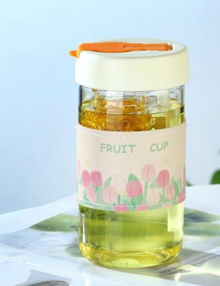 Glass Tumbler with Leak Proof Foldable Straw and Fruit Infuser and Leather Holder