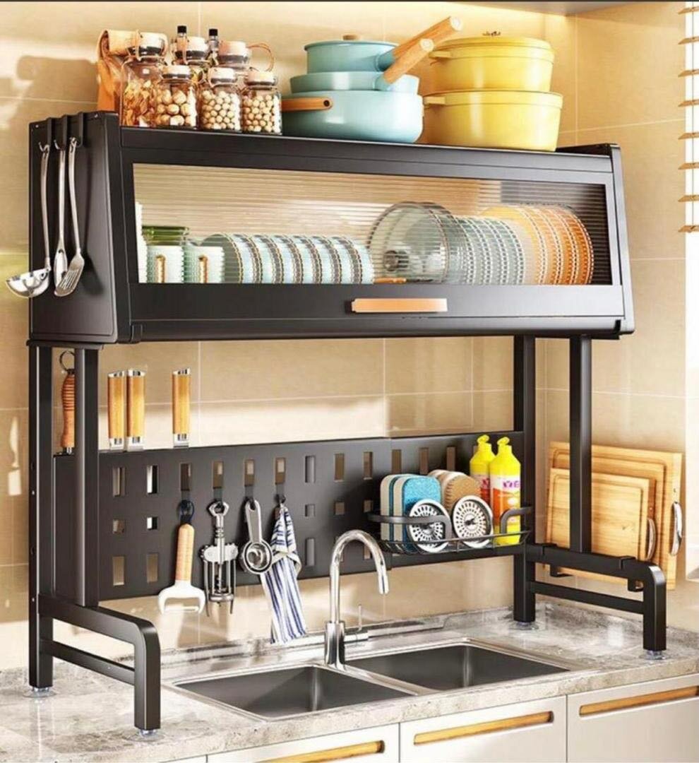 2 Tier Over Sink Dish Drainer Plates Rack - Black