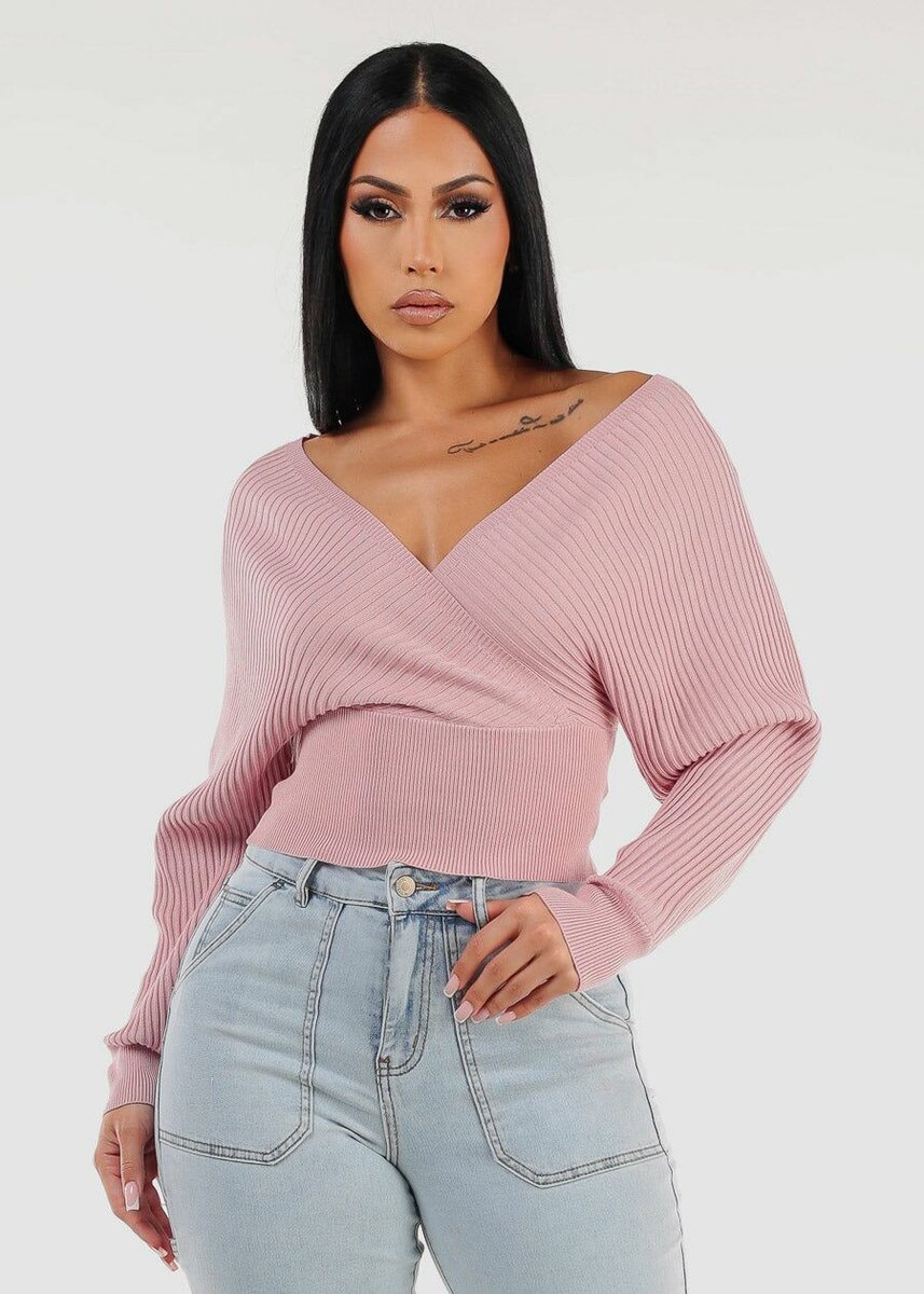 Long Sleeve Surplice Knit Sweater Top