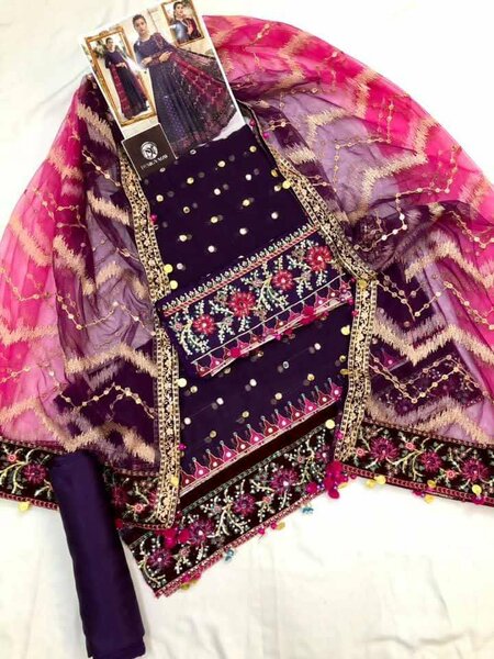 3pc full Net Work Unstitched dress