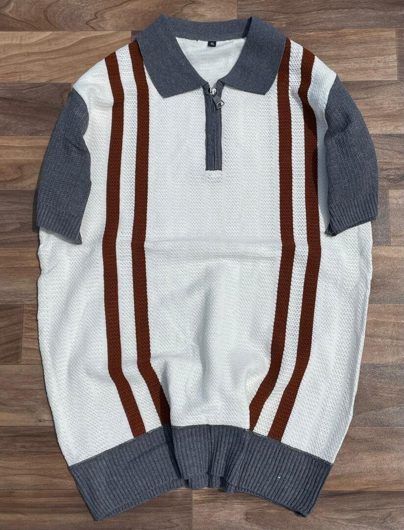 Pull polo rayé demi-zip homme