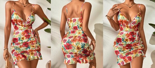 SHEIN  Floral Print Ruffle Hem Belted Cami Bodycon Dress