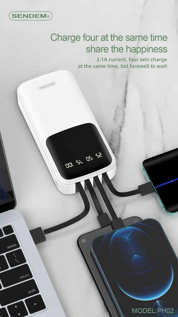 20,000mAh SENDEM Power Bank with 4in1 Cables