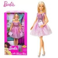 BarbieHappy Birthday Doll, Blonde, Wearing Sparkling Pink Party Dress with Present, Gift for 3 to 7 Year Olds