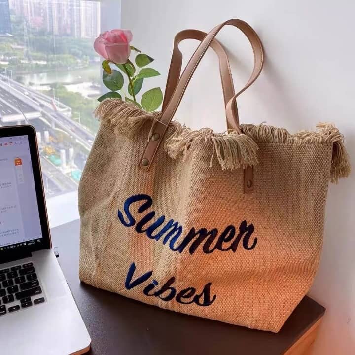 Sac d'été en paille "Summer Vibes"